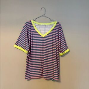 Striped V-Neck T-Shirt with Neon Accents